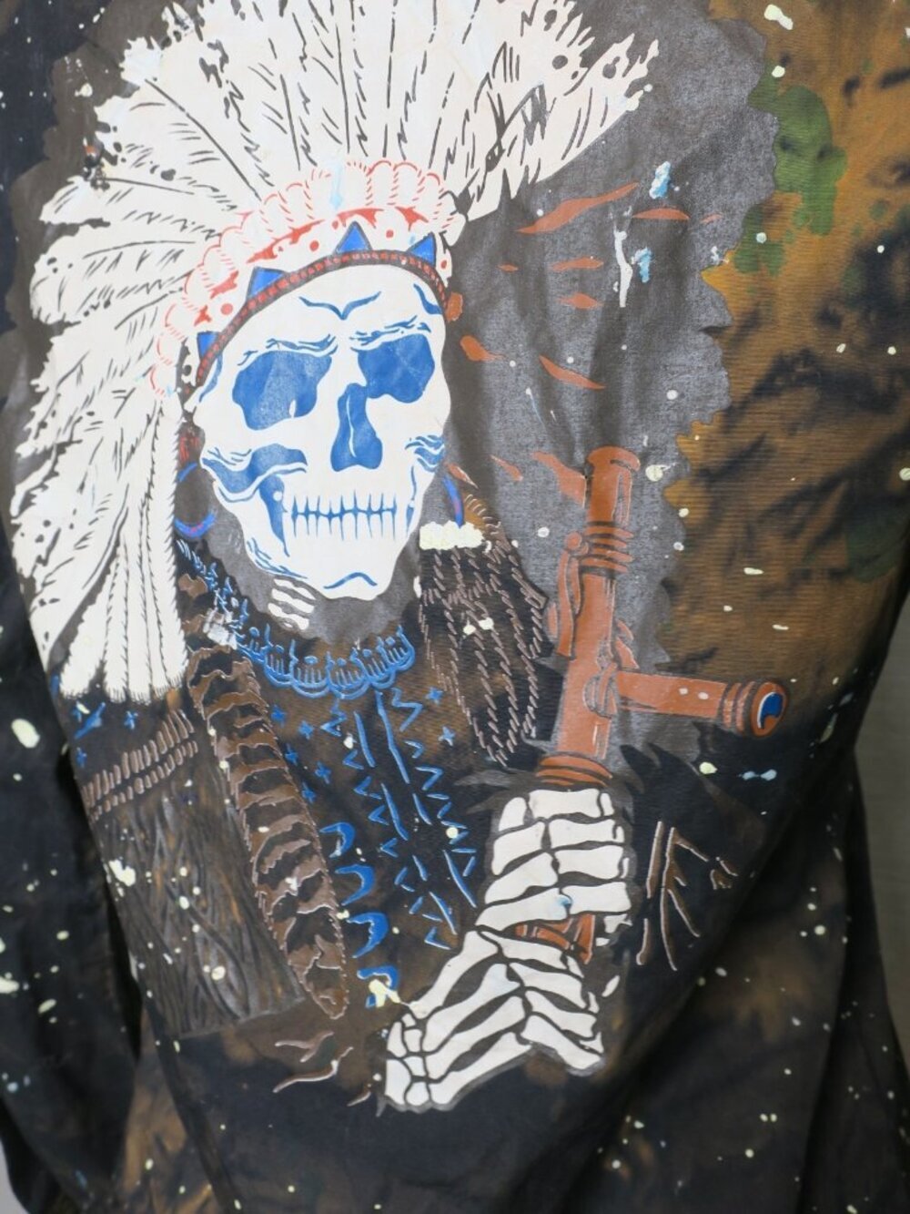 Vintage GRAIL Pearl Snap Shirt Distressed Paint Splat Indian Chief Skull SM/MED - Picture 3 of 7